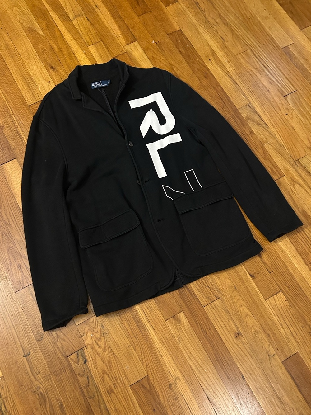 Vintage Ralph Lauren Black Zip-Up Knit Jacket with White RL Graphic